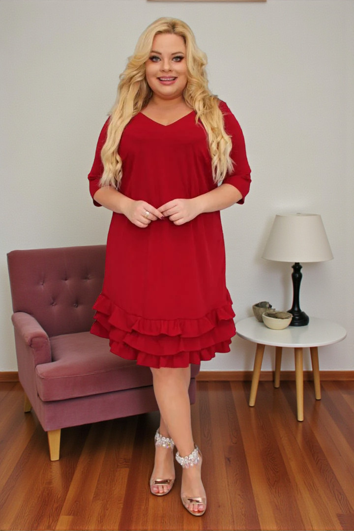 Sukienka Milagros – klasyczny fason trapezowy z romantycznymi falbankami! BORDO
