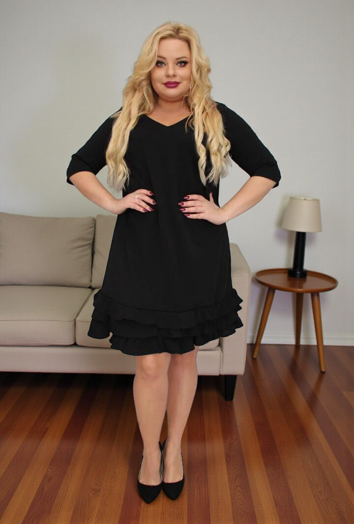 Sukienka Milagros – klasyczny fason trapezowy z romantycznymi falbankami! CZARNA