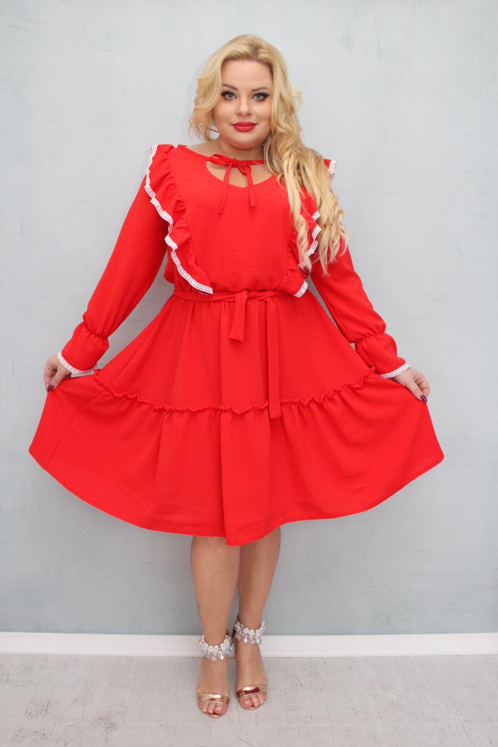 Sukienka Liliana rozkloszowana falbanki bawełniana taśma koronkowa BOHO czerwona