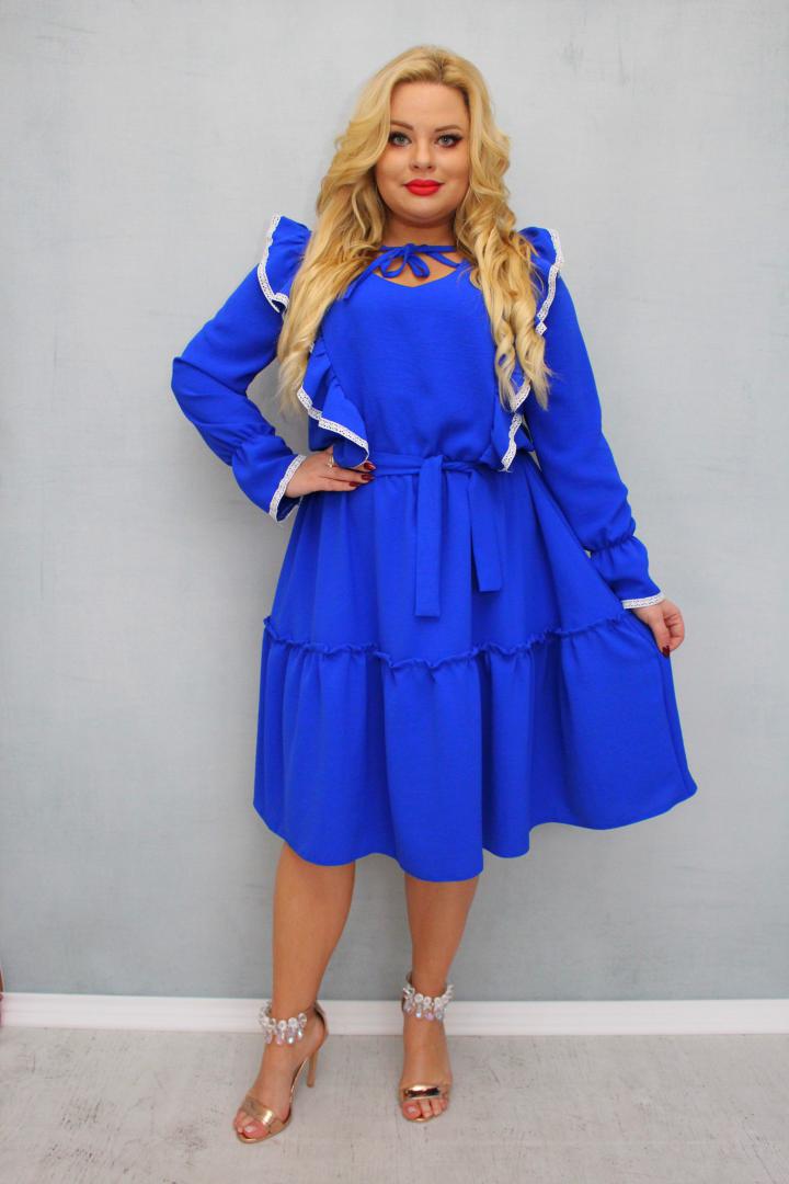 Sukienka Liliana rozkloszowana falbanki bawełniana taśma koronkowa BOHO chabrowa - obrazek 3