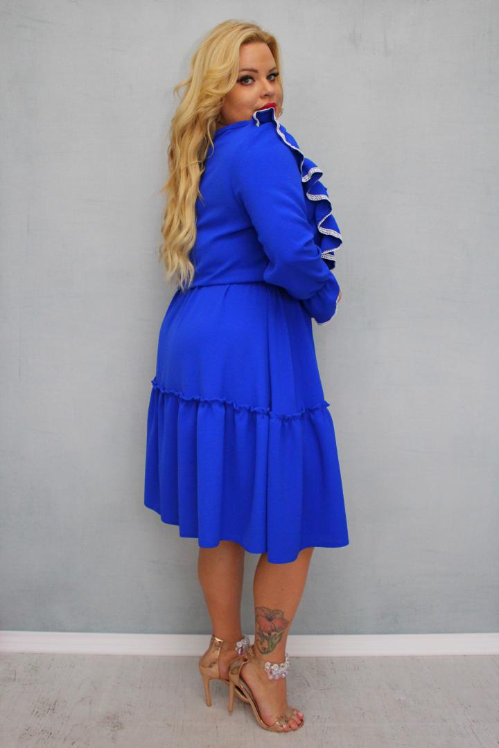 Sukienka Liliana rozkloszowana falbanki bawełniana taśma koronkowa BOHO chabrowa - obrazek 5