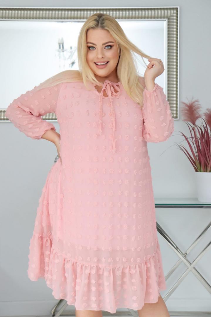 Sukienka Luiza zwiewna lekka szyfonowa z falbanką pudrowy róż - obrazek 3