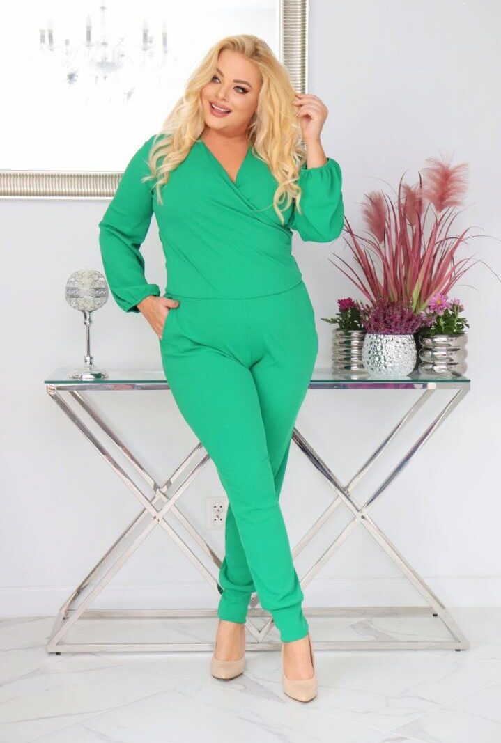 Kombinezon Felicja kopertowy dekolt elastyczna dzianina zielony