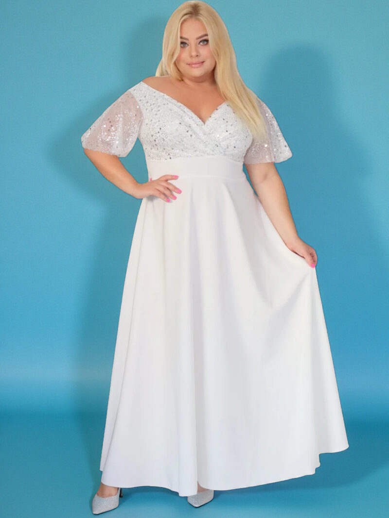 Sukienka klasyczna- elegancja, która olśniewa. Kwintesencja wieczorowego blasku! SREBRNA. A008! MEGA WYPRZEDAŻ!