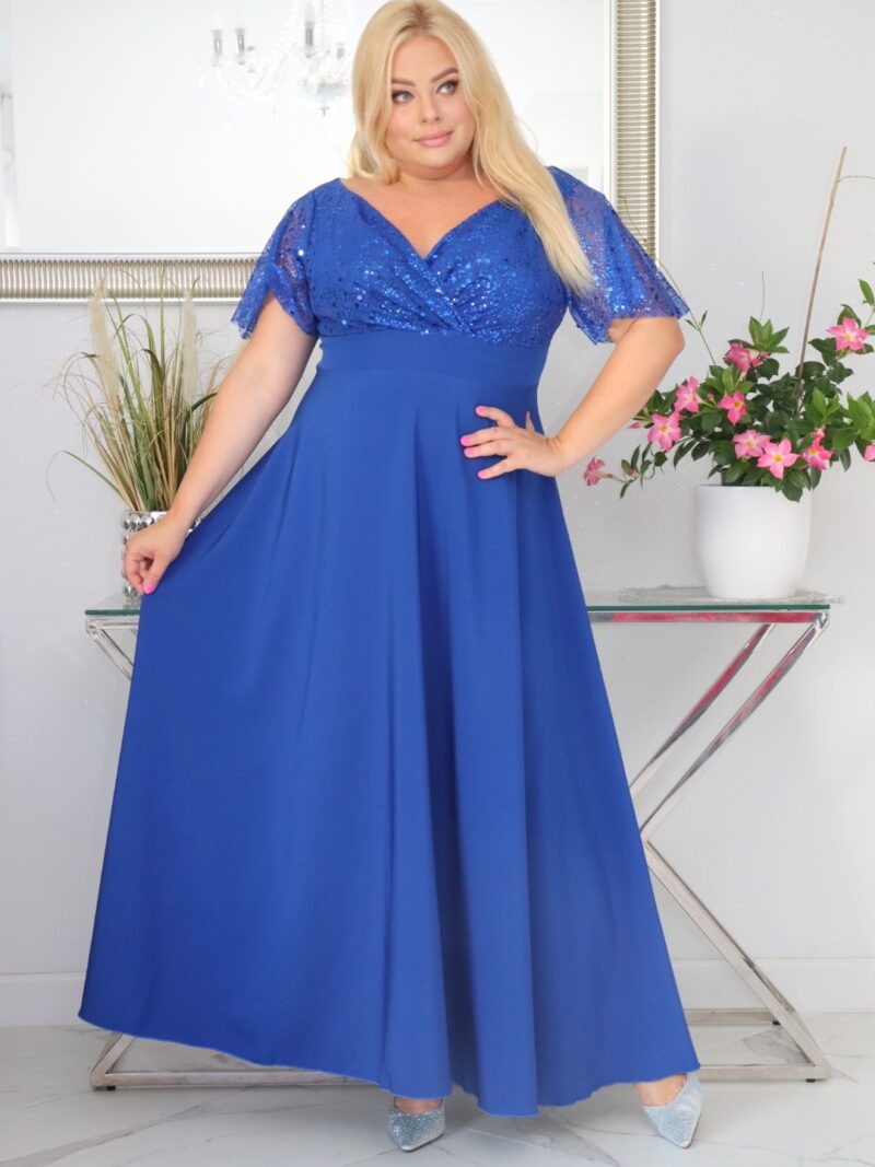 Sukienka Arwena rozkloszowana cekinowa kopertowy dekolt chabrowa