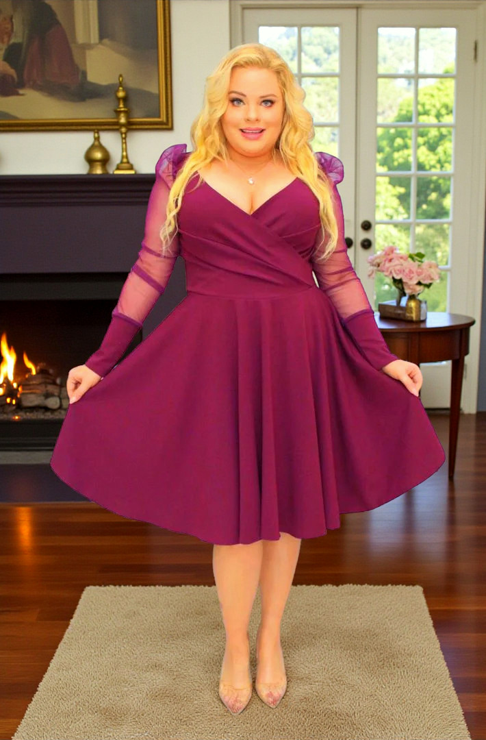 Sukienka Jessica rozkloszowana rękawy z tiulu bufki fiolet - obrazek 3