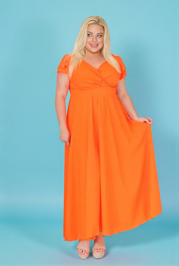 Sukienka  rozkloszowana zwiewna z szyfonu kopertowy dekolt pomarańczowy A016