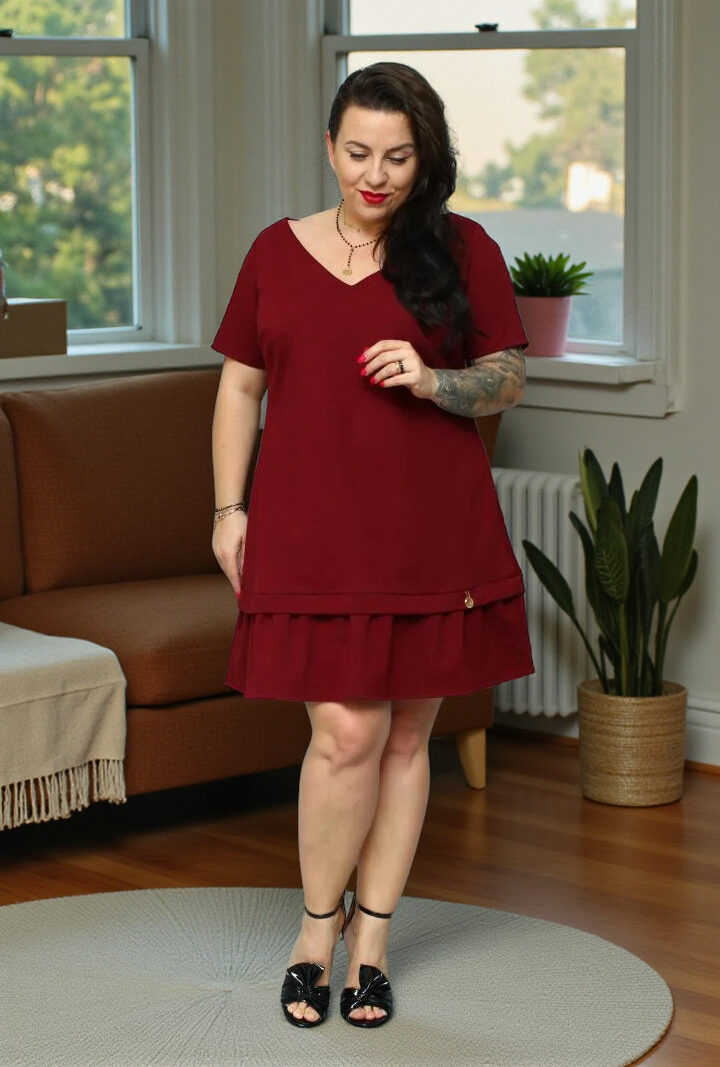 Sukienka Anika trapezowa z falbanką 100% BAWEŁNA POLSKI DRES bordowa