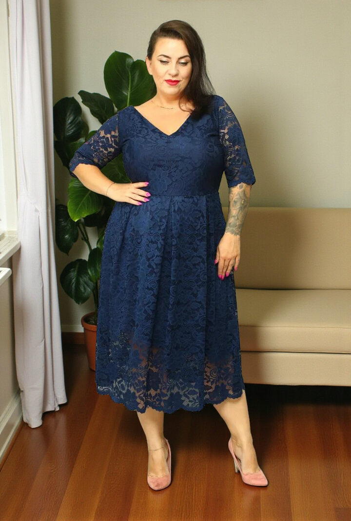 Sukienka Vivienne koronkowa rozkloszowana granat koronka kwiaty