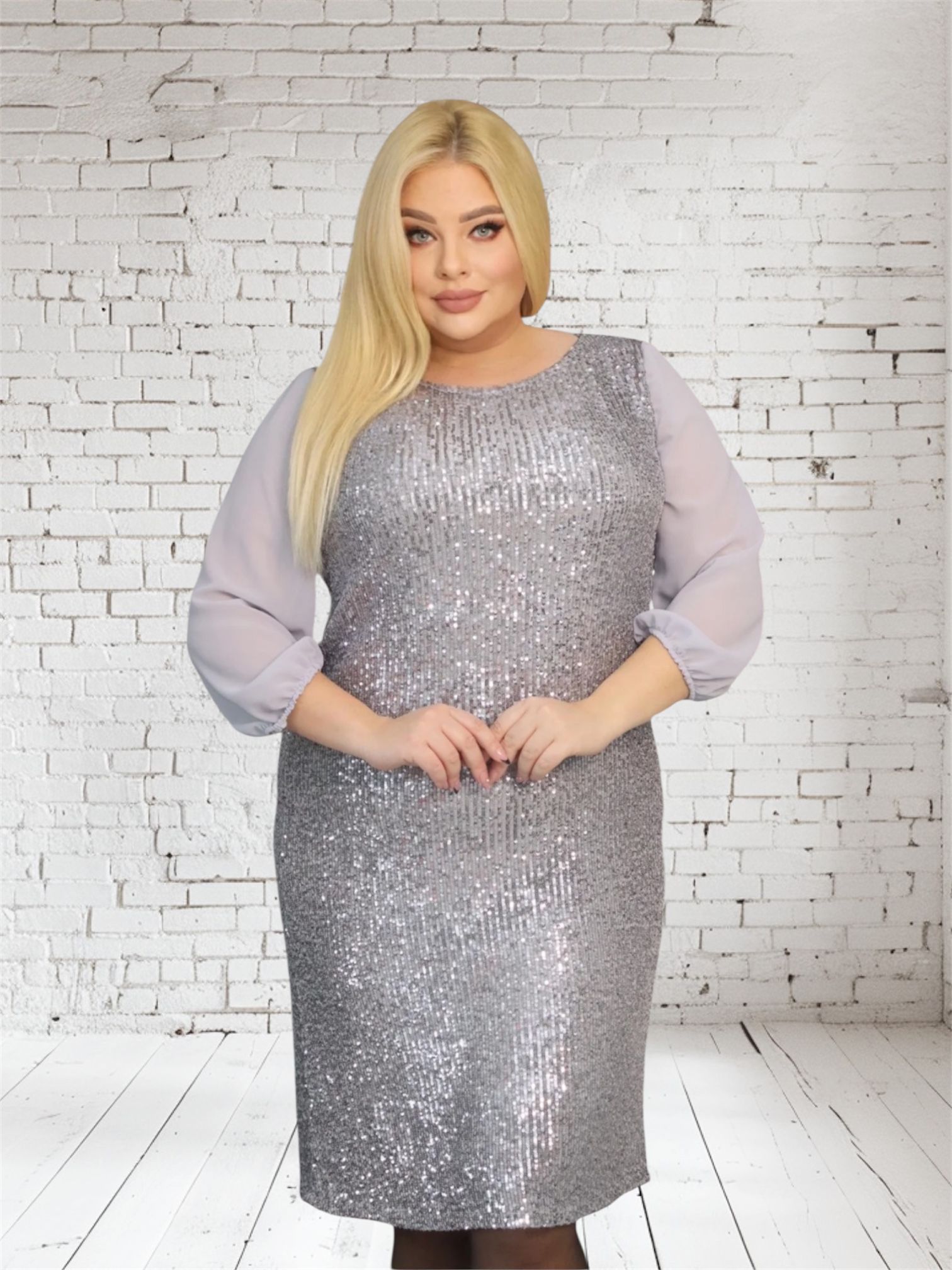 Sukienka Riley cekinowa szyfonowa kokarda srebrna - obrazek 3