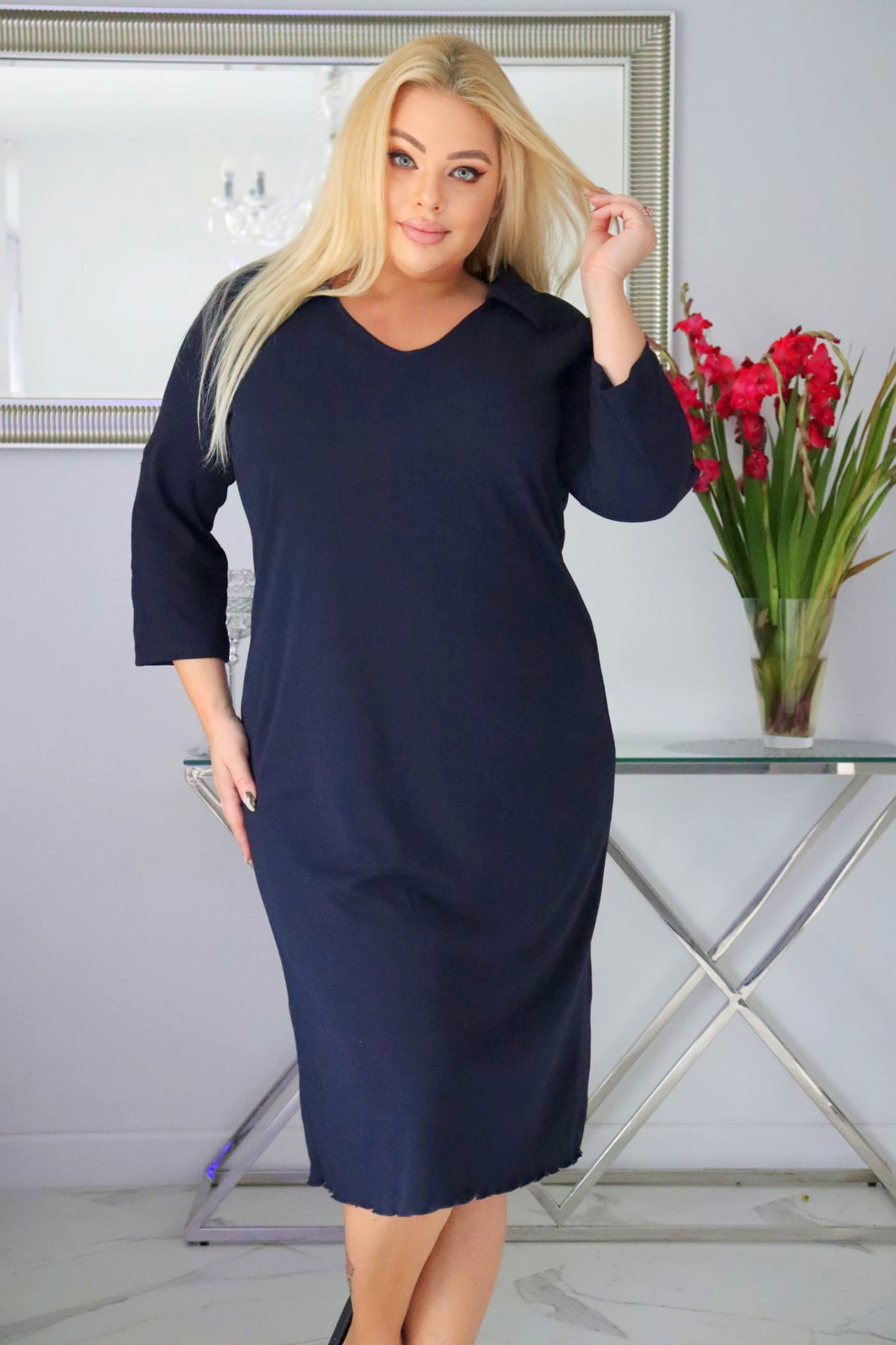 Sukienka Galina dzianina z kołnierzykiem granatowa