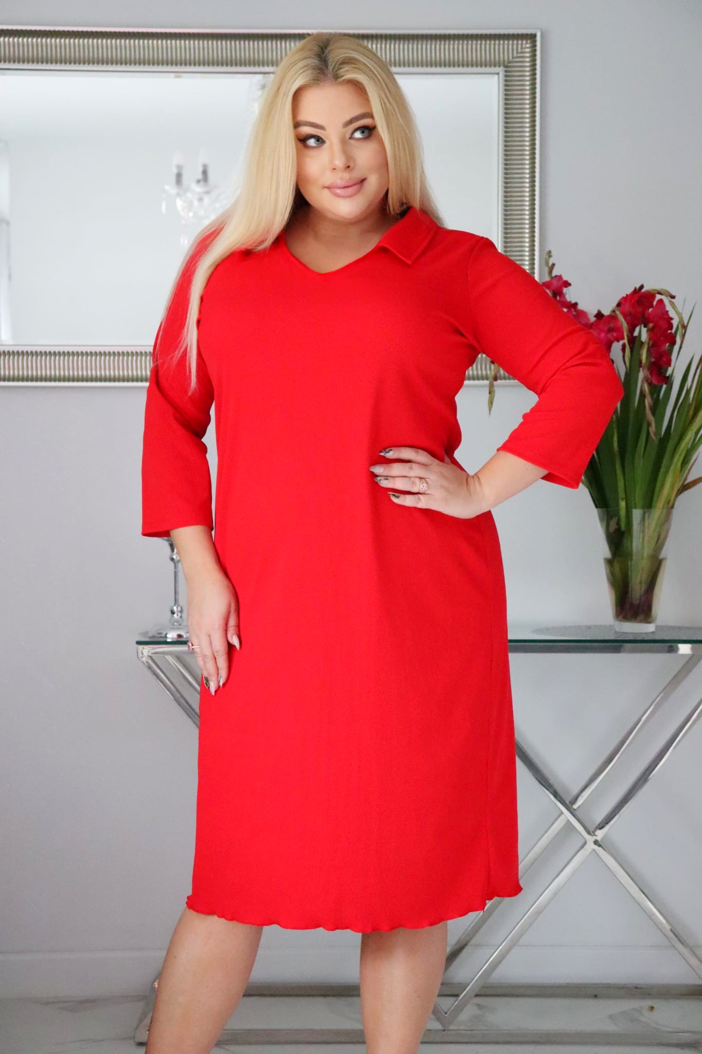 Sukienka Galina dzianina z kołnierzykiem czerwona - obrazek 3