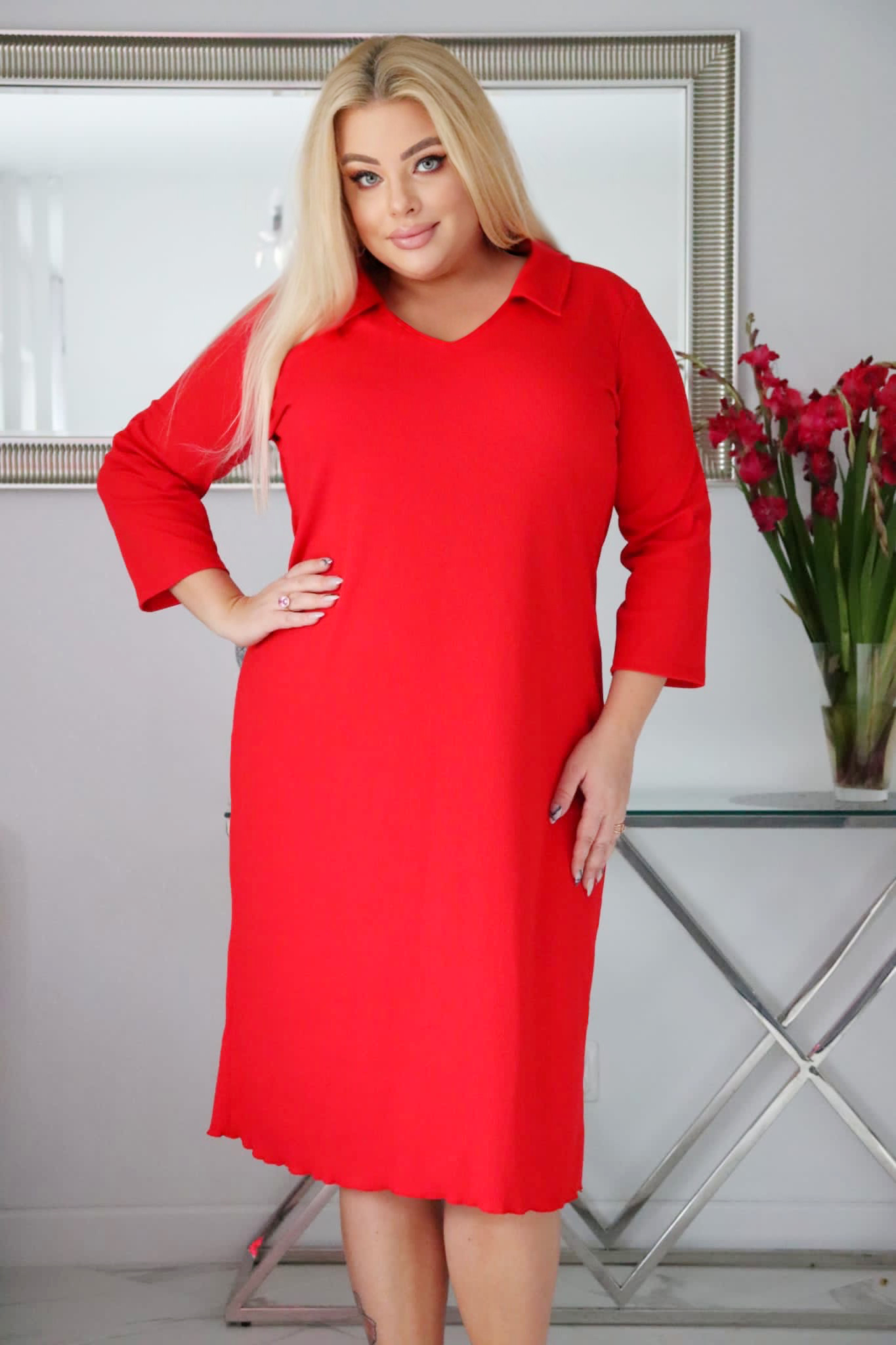 Sukienka Galina dzianina z kołnierzykiem czerwona - obrazek 4