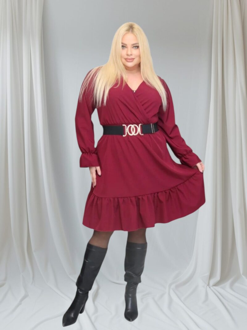 Sukienka Lundia rozkloszowana zwiewna tkanina silk kopertowy dekolt bordo