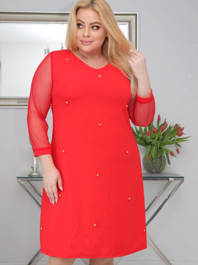 Sukienka Perla perełki ecru trapezowa rękawy tiul czerwona