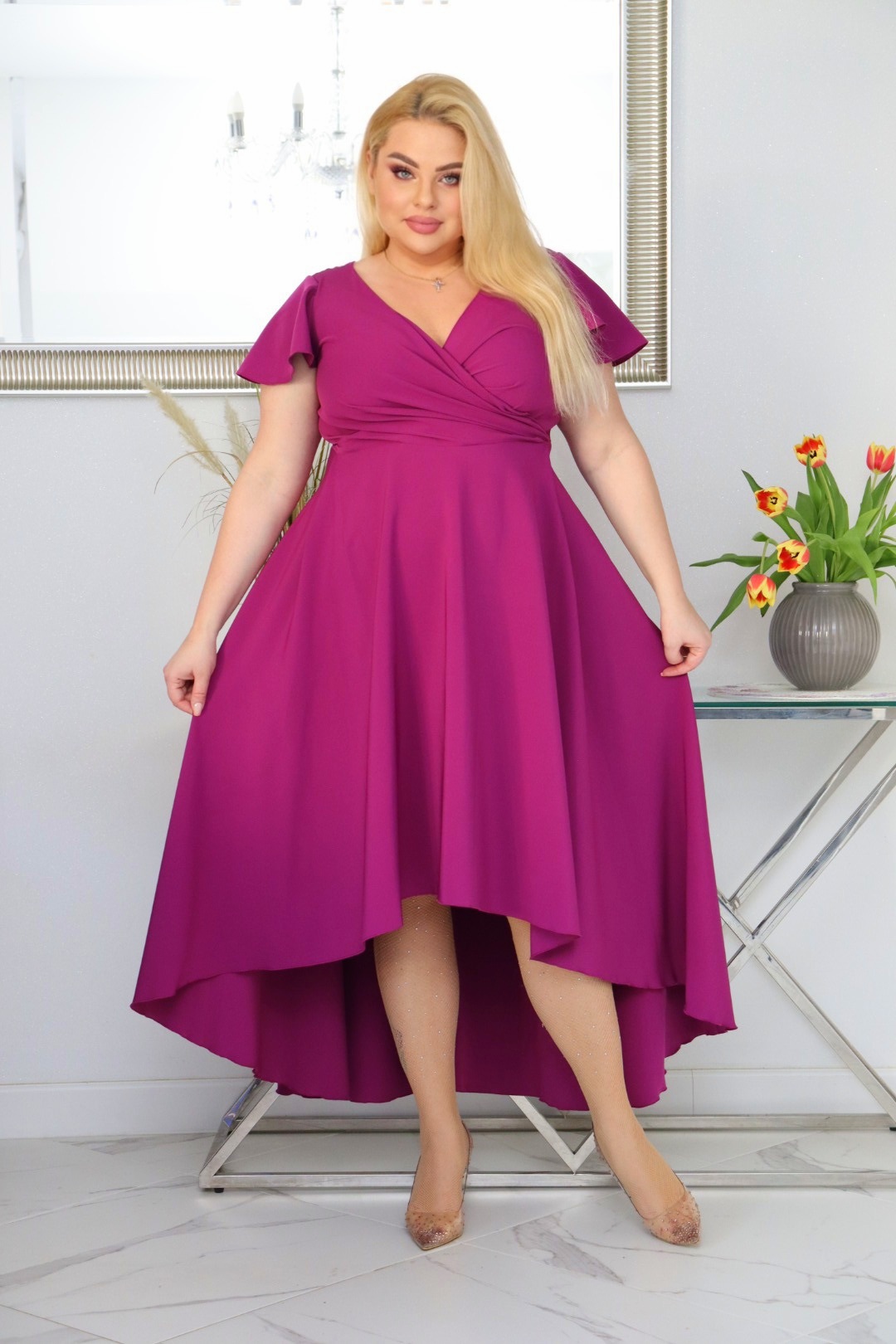 Sukienka Soraja asymetryczna rozkloszowana ekskluzywna kopertowy dekolt fuksja WYPRZEDAŻ ! - obrazek 3