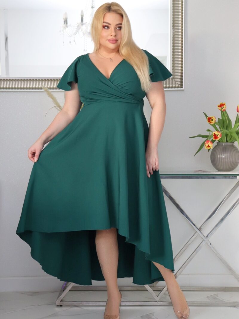 Sukienka Soraja asymetryczna rozkloszowana ekskluzywna kopertowy dekolt butelkowa zieleń WYPRZEDAŻ !