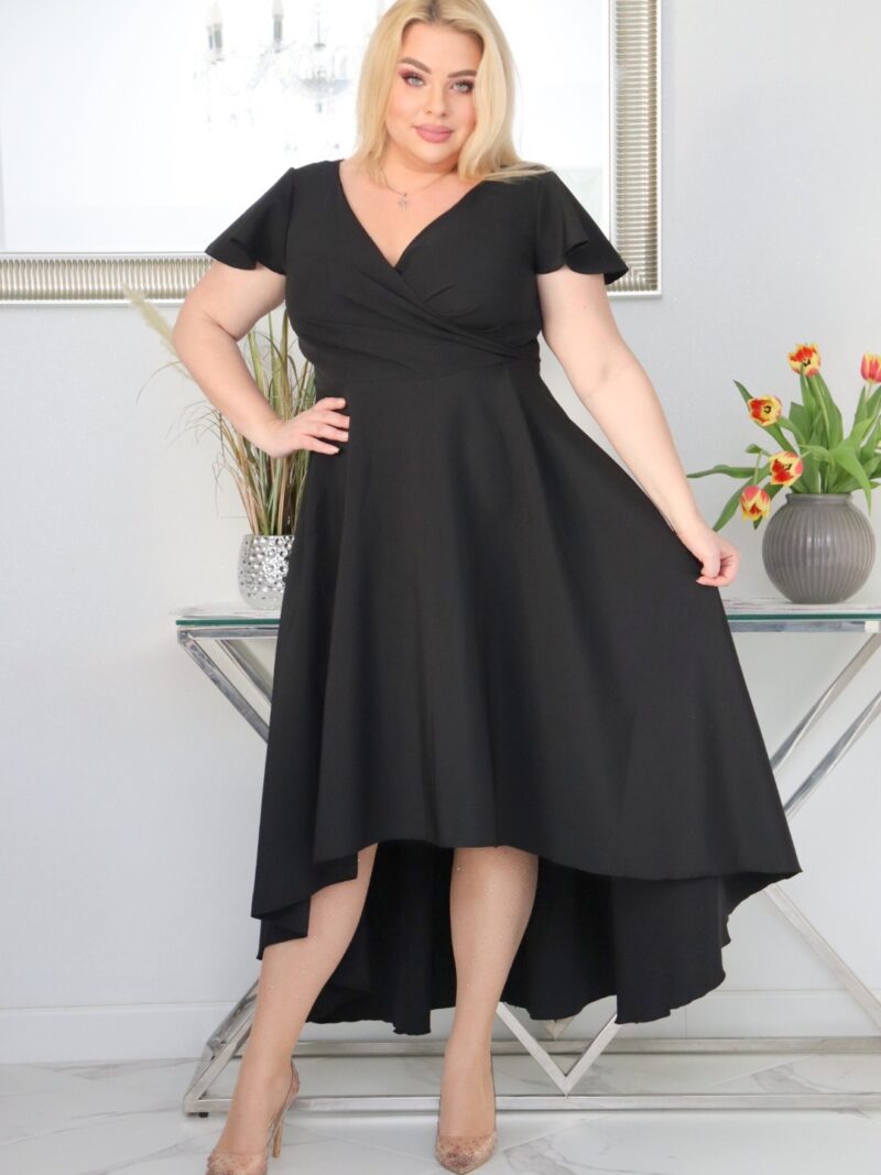 Sukienka Soraja asymetryczna rozkloszowana ekskluzywna kopertowy dekolt czarna WYPRZEDAŻ !