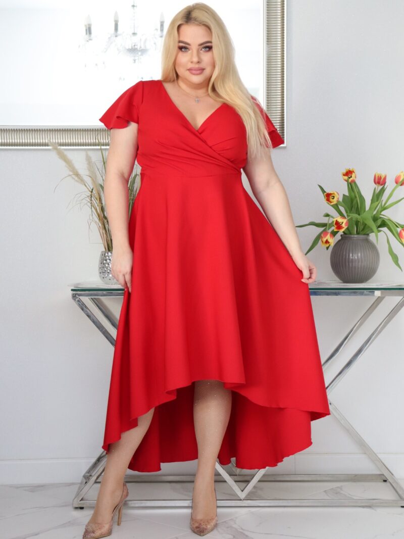 Sukienka Soraja asymetryczna rozkloszowana ekskluzywna kopertowy dekolt czerwona WYPRZEDAŻ !