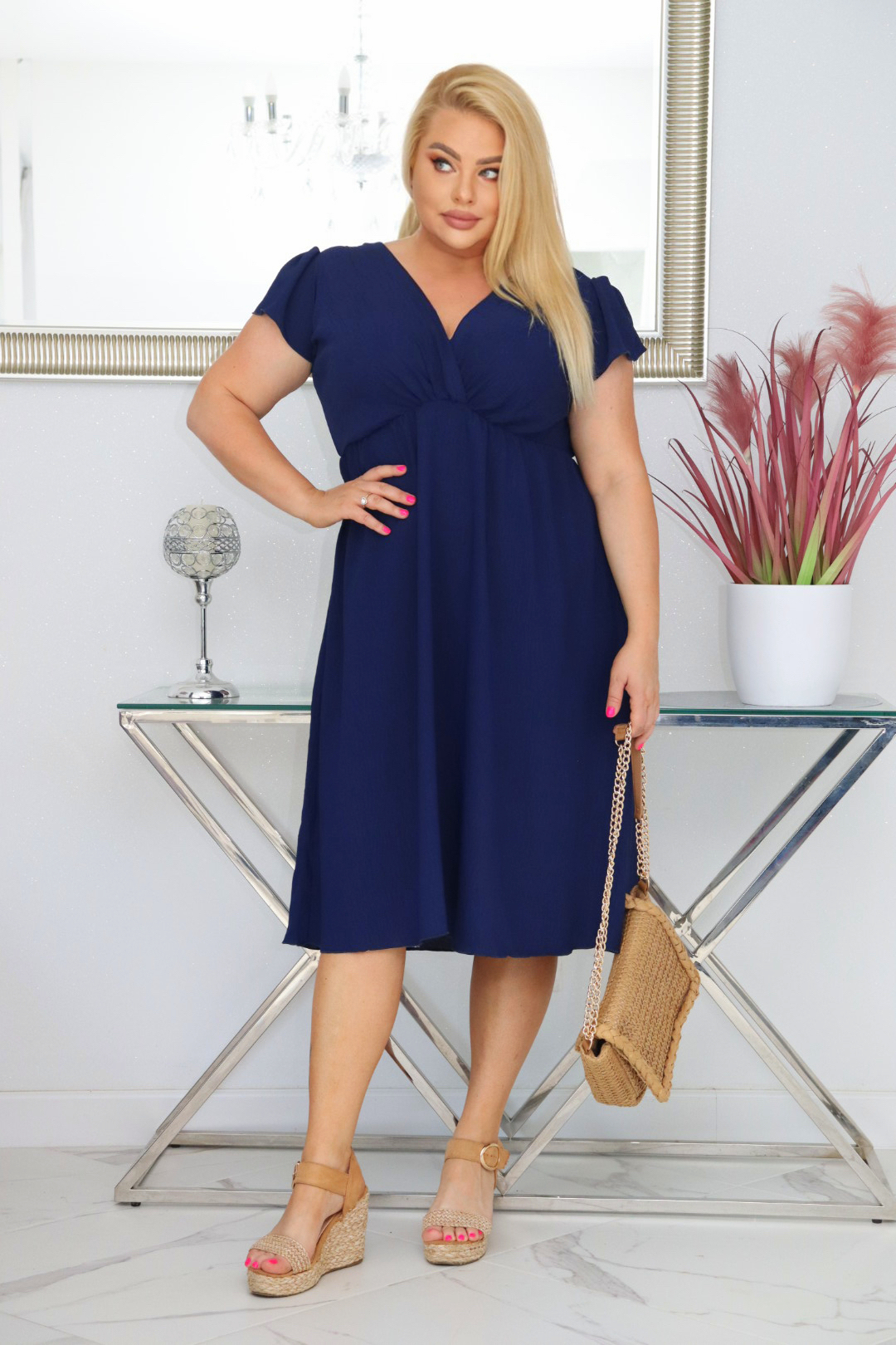 Sukienka PEGGY trapezowa 100% wiskoza GRANATOWA NATURALNY SKŁAD - obrazek 3