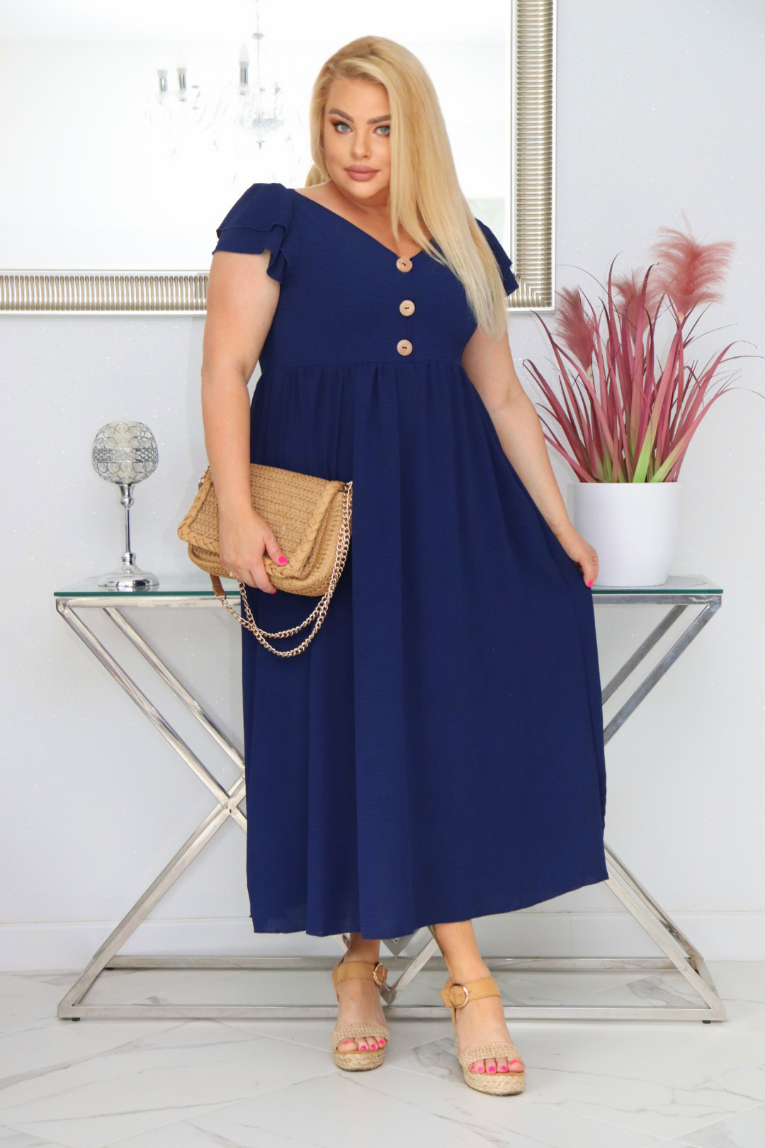 Sukienka trapezowa 100% wiskoza GRANATOWA NATURALNY SKŁAD. KOD S1034.