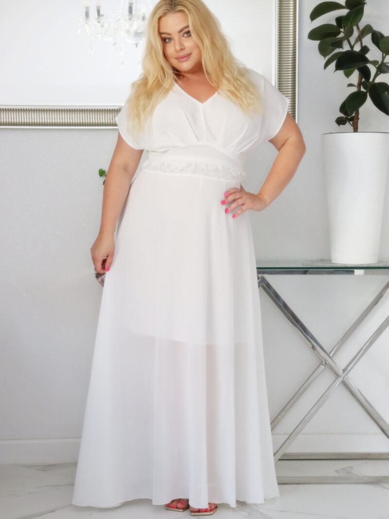 Absolutna IKONA STYLU. Długa MELISA z kryształowym akcentem w talii  ECRU BIAŁA !