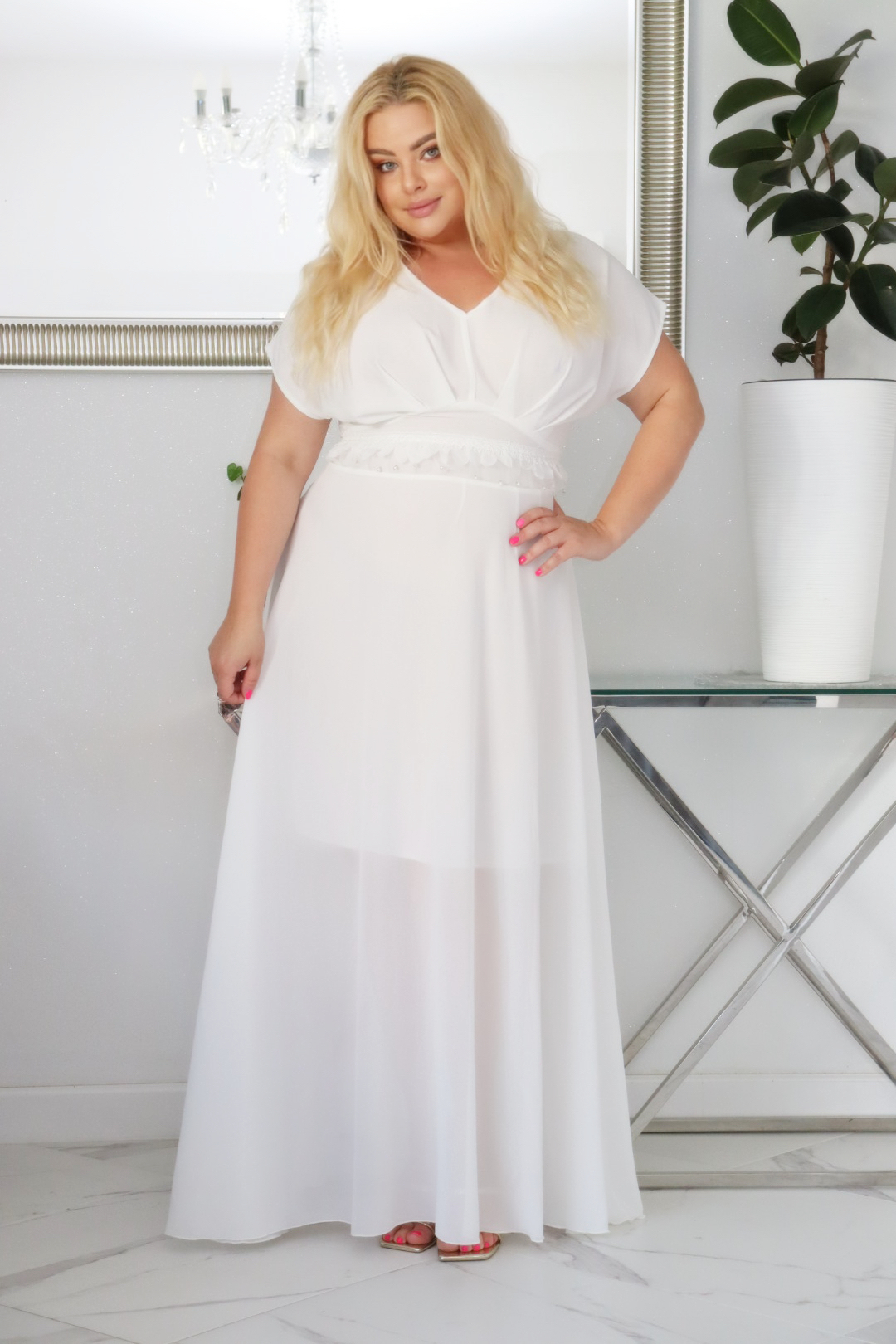 Absolutna IKONA STYLU. Długa MELISA z kryształowym akcentem w talii ECRU BIAŁA !