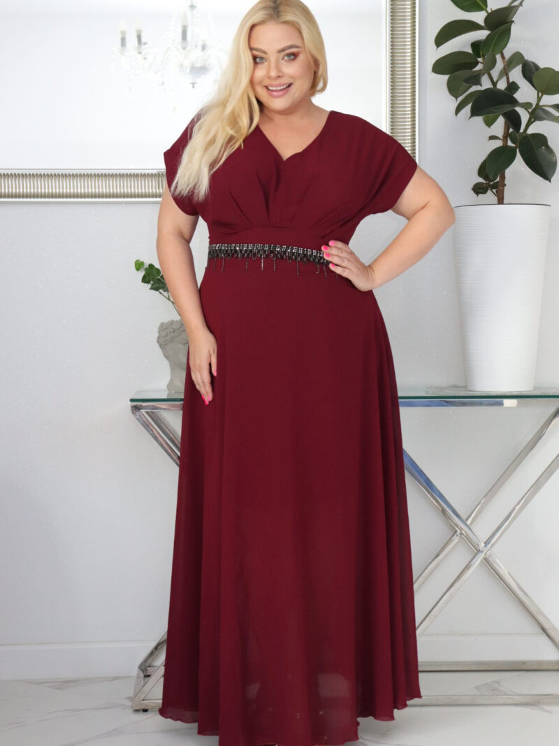 Absolutna IKONA STYLU. Długa MELISA z kryształowym akcentem w talii BORDOWA !