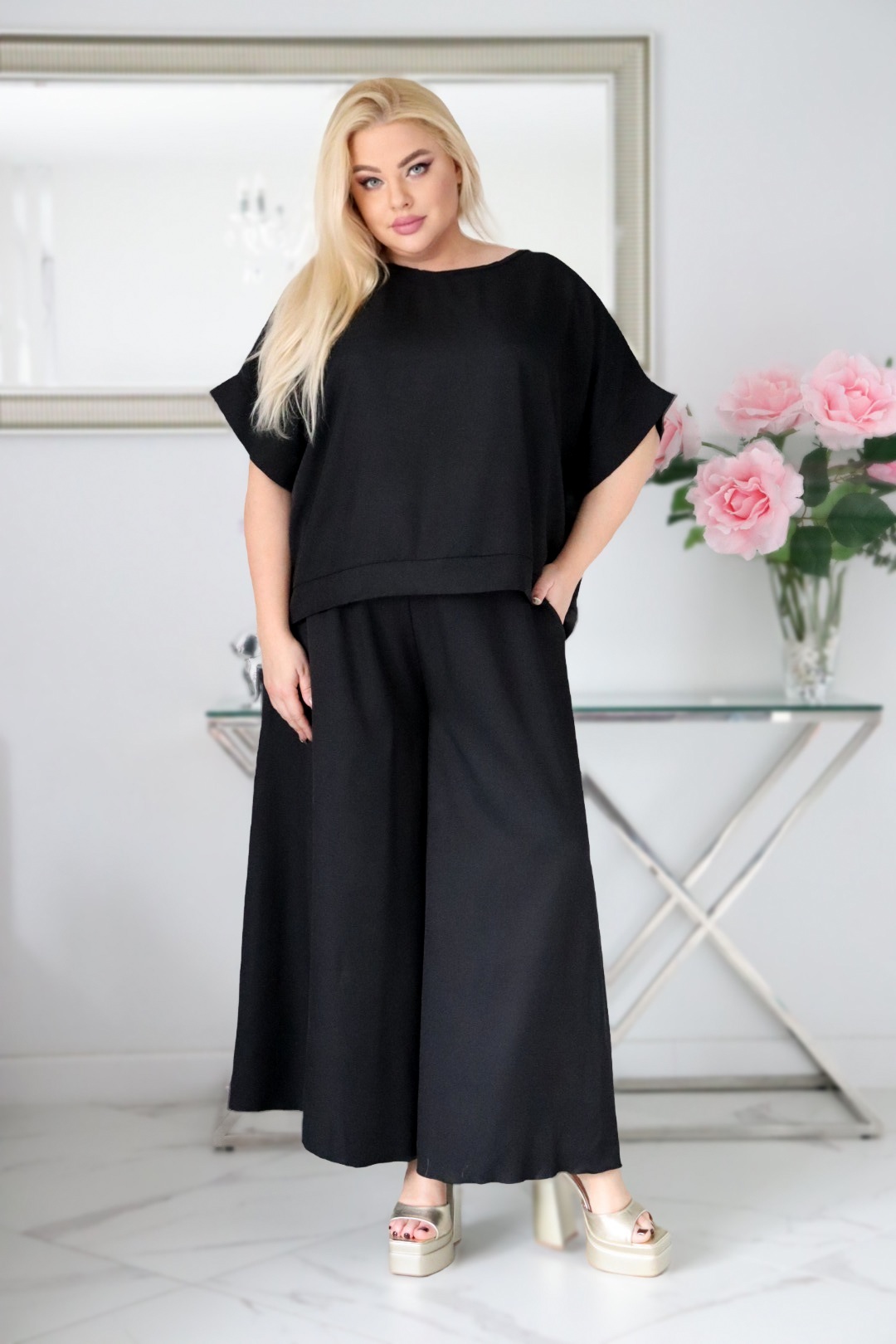 Komplet zestaw bluzka ze spodniami 100% naturalny skład czarny