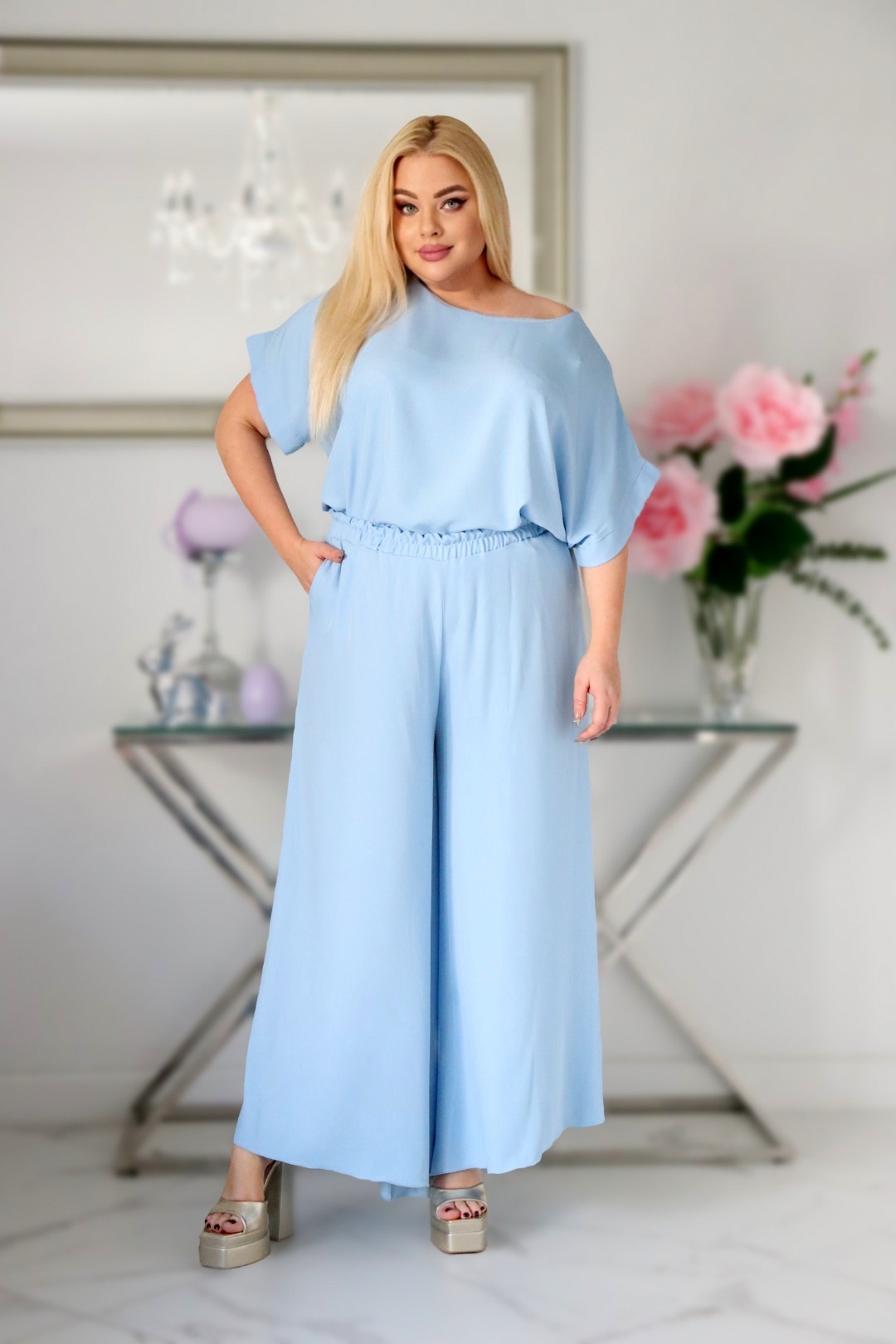 Komplet zestaw bluzka ze spodniami 100% naturalny skład błękitny - obrazek 4