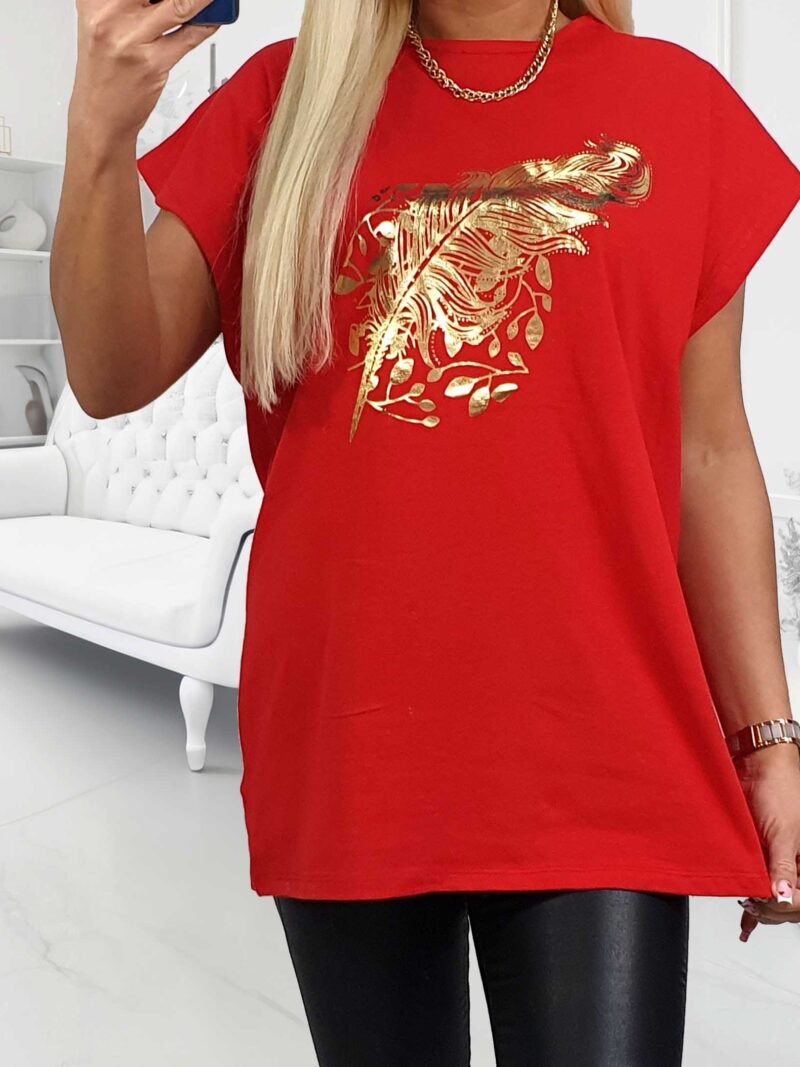 Tunika BLUZA bawełna 100% czerwona ze złotym liściem
