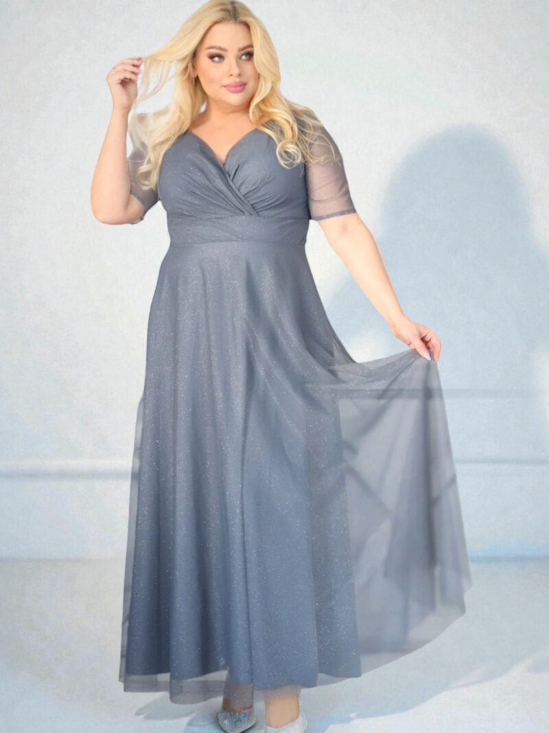 Sukienka z brokatowym tiulem kopertowy dekolt A020 grafitowa