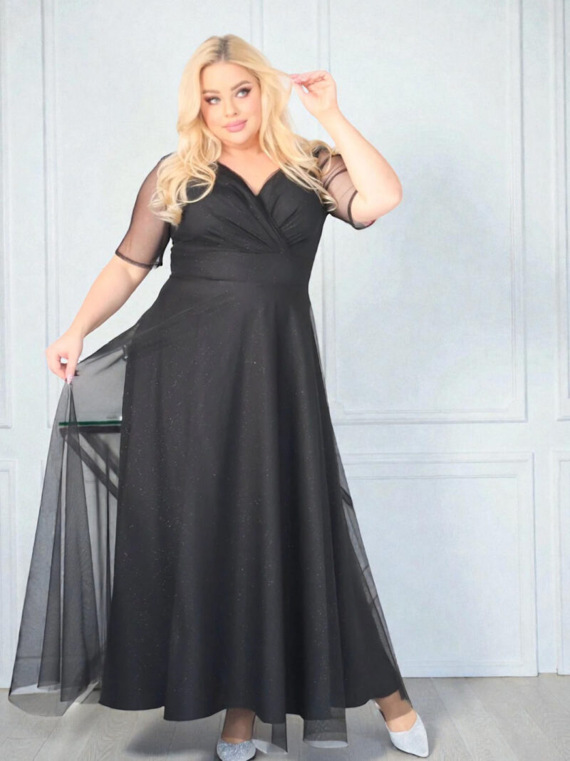 Sukienka z brokatowym tiulem kopertowy dekolt czarna. A020.