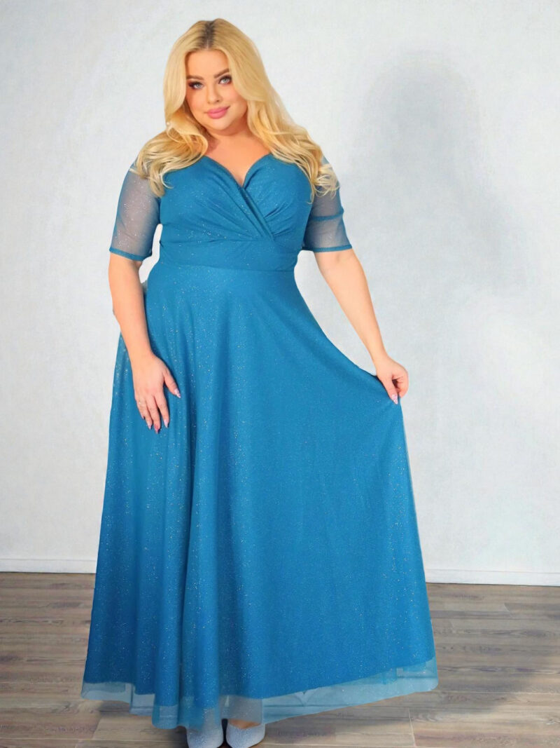 Sukienka z brokatowym tiulem kopertowy dekolt turkusowa. A020