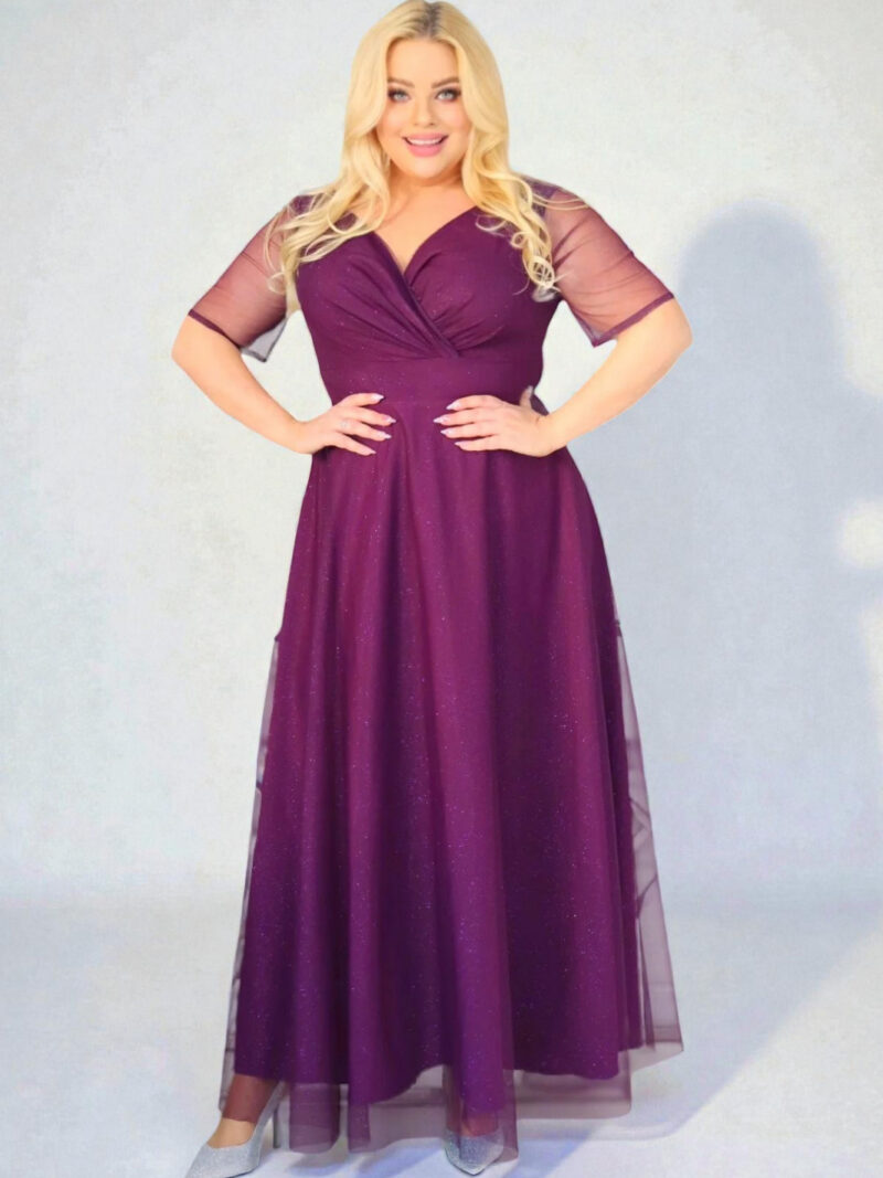 Sukienka z brokatowym tiulem kopertowy dekolt fioletowa. A020.