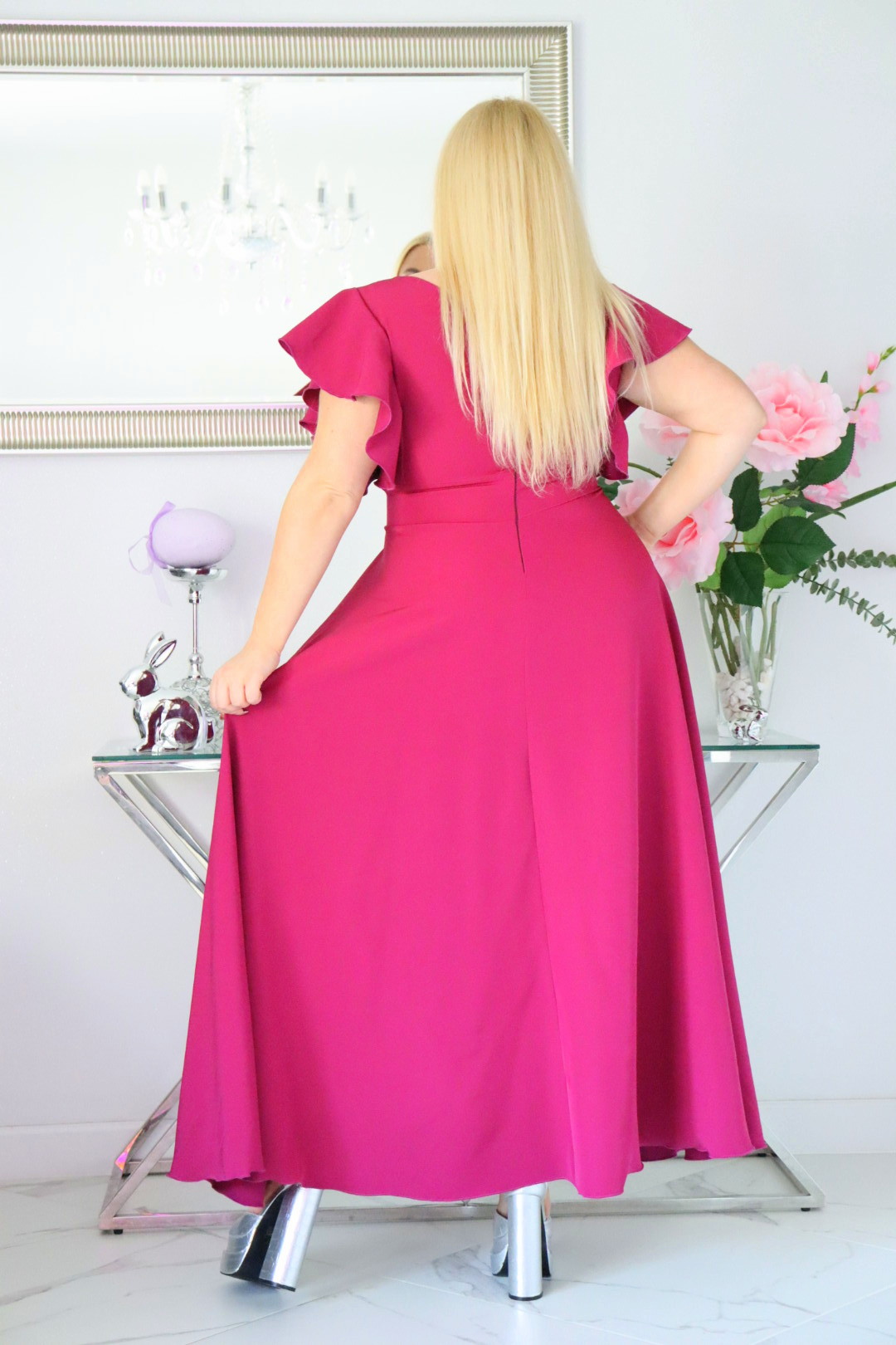 Sukienka Colette rozkloszowana kopertowy dekolt - Zanim kupisz, zobacz film, który pokazuje jak pięknie się układa. FUKSJA - obrazek 6