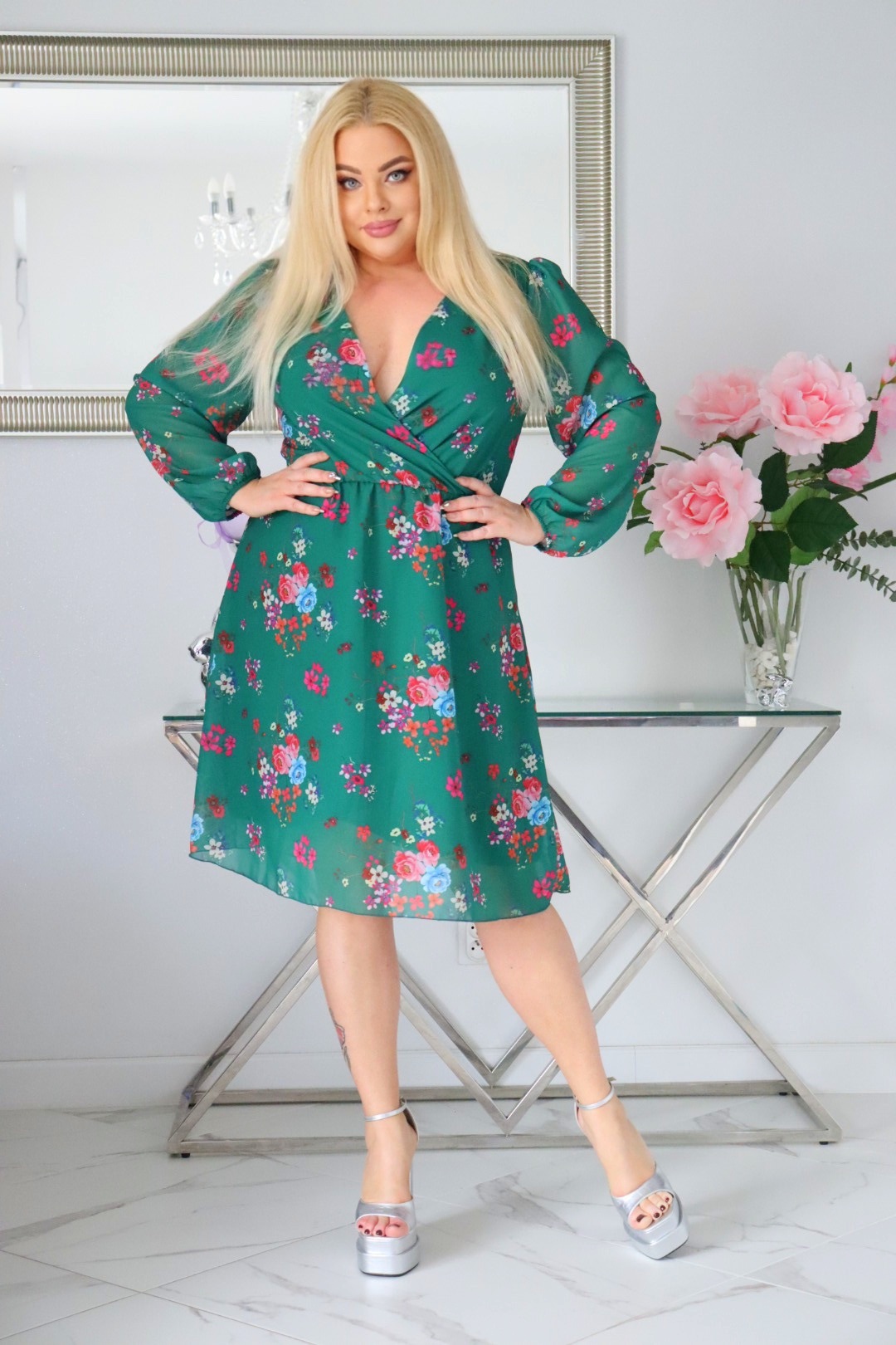 Sukienka FERVENA trapezowa żorżeta szyfon w kwiaty wzór numer 6