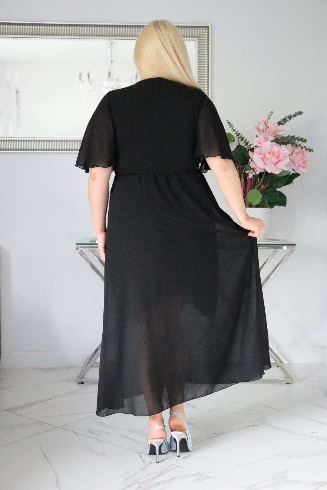 Sukienka MAXI trapezowa Ariel z szyfonu żorżeta czarna - obrazek 5