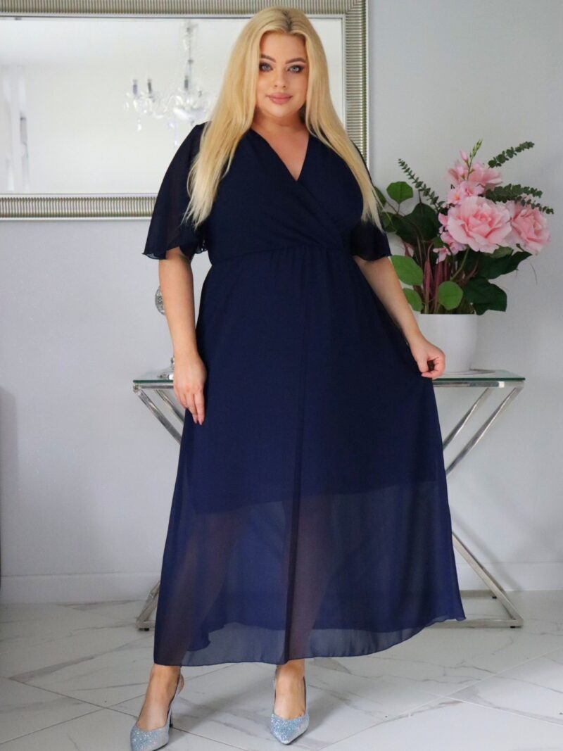 Sukienka MAXI trapezowa Ariel z szyfonu żorżeta granatowa