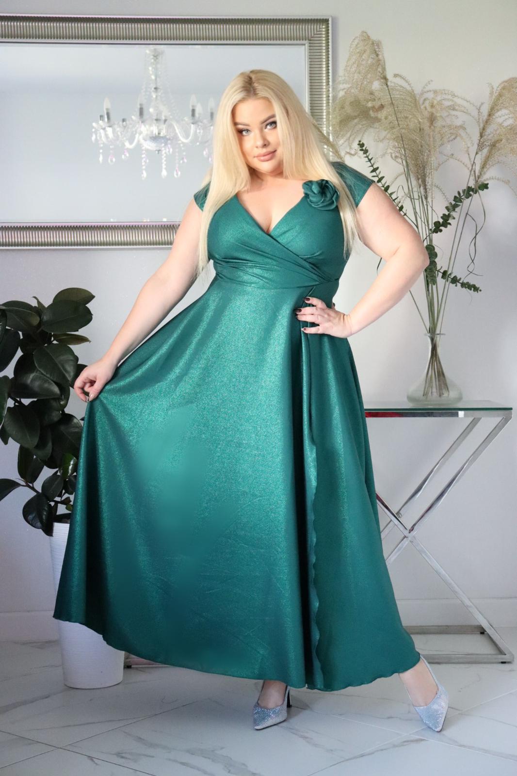 Bestseller weselny 2026: Suknia glamour z Różą 3D – Rozmiary 36-60! SZMARAGDOWA ZIELEŃ! KOD S1009.