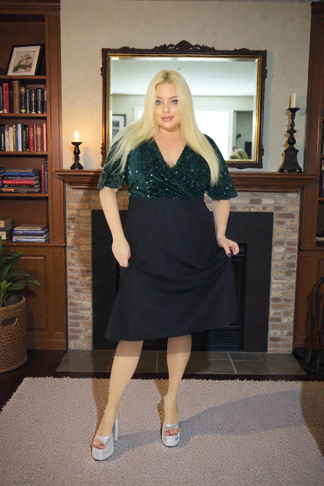 Sukienka z błyszczącą cekinową górą na elastycznym welurze. Szmaragdowa Zieleń. KOD S1003